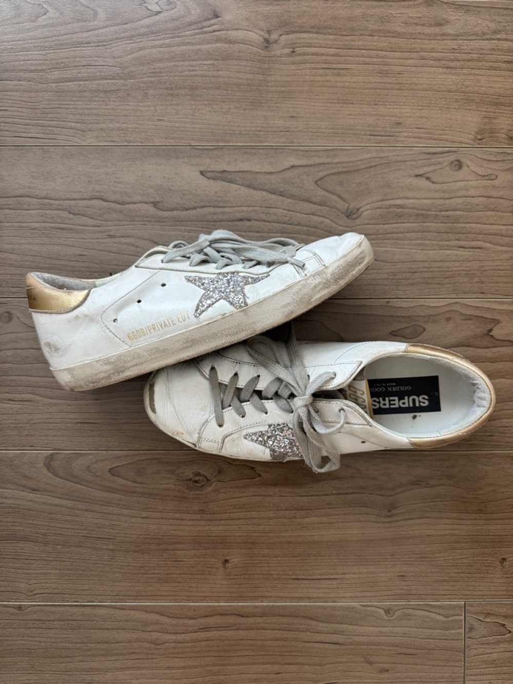 Golden Goose White Leather Sneakers with Gold Heel and Silver Glitter Star